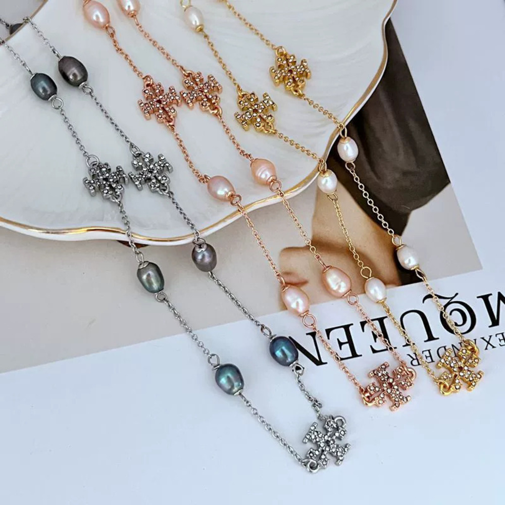 Tory Burch Crystal Letter Freshwater Pearl Necklace